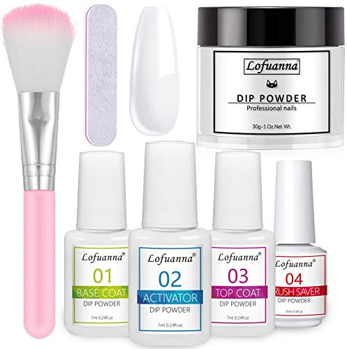 Lofuanna Dip Pulver Nagel Starter Kit,Weiß Dipping Powder mit Base/Top Coat/Activator/Brush Saver Dip Puder System,Keine Nagellampe Erforderlich,French Dip Powder für DIY Dip Maniküre Set