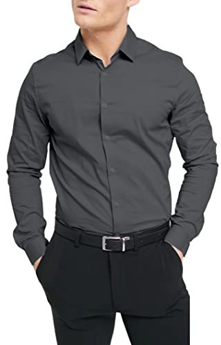 Richard Hawkes Men's Casual Formal Shirts Slim fit Smart Shirt Long Sleeve Top Charcoal
