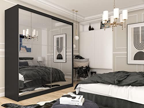 WFL GROUP Moderner Kleiderschrank Schwebetürenschrank Schwarz mit Spiegel 120 150 180 200 cm - Schwarzes Matt Kleiderschrank für Schlafzimmer mit Schiebetüren - Kleiderstange - 200 cm - Schwarz