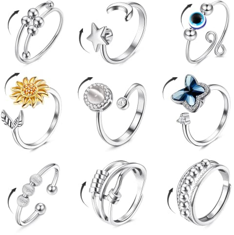 CASSIECA 9Pcs Anti Stress Ring Damen Anxiety Ring Gold Silber für Damen | Antistress Ring Spinner Ring für Anxiety Damen Ringe Verstellbar Mondstein Sonnenblumen Stimmungsring Set Daumenring