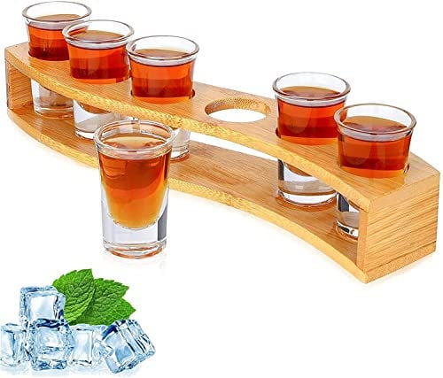 Schnapsgläser-Set 3cl Halter und Schnapsgläser 1oz/30 ml Getränke-Servierbrett Organizer 6 Löcher mit Klarglas 6 Stück für Likör-Shots Tequila Whisky Brandy Wodka Rum Home Party Bar Geschenk