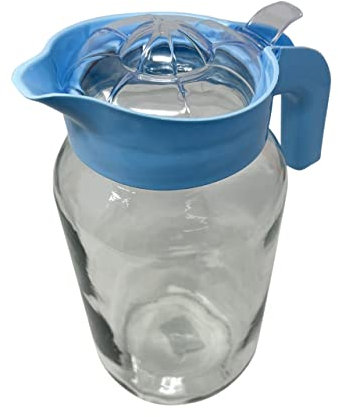Glass Water Jug Large Pitcher with Plastic Handle and Lid 1.5L Ideal for Water, Juice and Soft Drinks Iced Tea Water Jug Assorted Colours HTUK® (Light Blue)