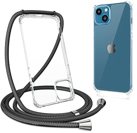 ZTOFERA Crossbody Lanyard Case for iPhone 14, Ultra Clear Hard Back with Soft Bumper Protective Phone Case with Strap Adjustable Neck Cord Necklace Shockproof Cover for iPhone 14/13, Black