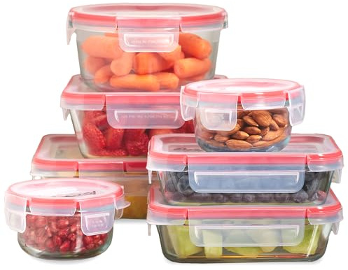Pyrex Freshlock (Lot de 7) Ensemble de bocaux en verre pour conservation des aliments, (1, 2, 4 tasses) Couvercles hermétiques et anti-fuites avec verrouillage en plastique sans BPA, Ensemble de