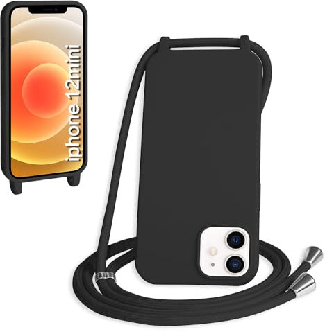 WenBaby Handykette für iPhone 12 Mini Hülle mit Band,Handyhülle mit Schnur zum Umhängen Silikon Seil Necklace Schutzhülle mit Kordel Tasche Case TPU Bumper für iPhone 12 Mini- Schwarz