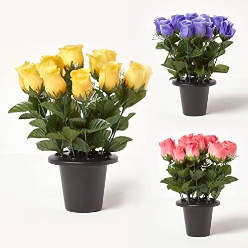 HOMESCAPES Artificial Rosebud & Gypsophila Grave Flowers in Grave Vase/Grave Pot, 30cm, Set of 3