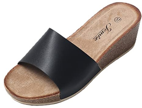 JOMIX Sandales Femme en Cuir Mules Femmes Chaussons d'été Tongs Femme Claquette Compensée Confortables pour Maison Piscine Plage (Noir, 38)