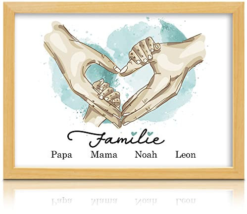 Milaboo® Familienposter personalisiert Herzhände A4 I besonderes Geschenk zur Geburt, Taufe, Mama, Papa, Oma und Opa I (4 Hände blau Ohne Bilderrahmen)