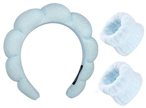 Taicols 3 Stück Spa Gesicht Stirnband Handgelenk, Handgelenk Waschbänder Set, Weiches Hautpflege Haarband Elastisches Handgelenk Schweißband Flauschiges Kosmetik Stirnband für Frauen Mädchen (Blau)