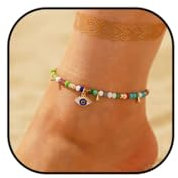 Jovono Evil Eye Perlen Fußkettchen Gold Blaue Augen Anhänger Knöchel Armband Ketten Strand Perlen Quaste Verstellbarer Schmuck für Frauen und Mädchen (Colorful) (Colorful)