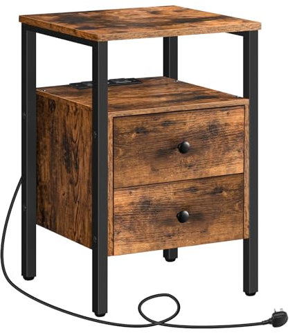 HOOBRO Bedside Table with Charging Station, Side Table with 2 Drawers, Wooden End Table with 2 USB Ports and 2 Sockets, Nightstand for Living Room, Bedroom, Rustic Brown and Black EBF43KBZ01G2