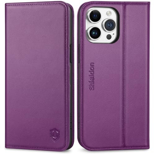 SHIELDON Wallet Case for iPhone 15 Pro Max, Genuine Leather Flip with [RFID Blocking][Kickstand] Magnetic Shockproof Folio Case with Card Holder Compatible with iPhone 15 Pro Max - Purple