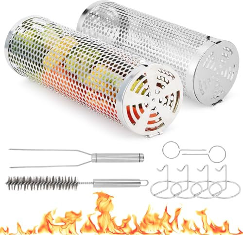 Grill Basket, IMAGE Round Hole Rolling Grilling Baskets for Outdoor Grill Portable Grill Nets Cylinder with Reinforced Locking Clasp, 2-Pack 12 in Stainless Steel Grill Mesh Barbecue Grill Accessories