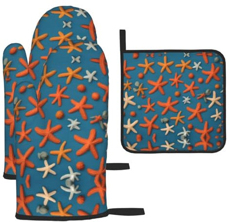 YYHHAOFA Ensemble de gants de cuisine et maniques en laine côtière en forme d'étoile de mer - Isolation épaisse et anti-brûlure - 2 gants isolants et un tapis de couvercle