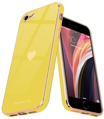 Teageo for iPhone SE 2022 Case iPhone 8 iPhone 7 iPhone SE 2020 Phone Case Cute Heart Pattern for Women Girls Slim Luxury Bling Plating Soft TPU Shockproof Bumper for iPhone 7/8/SE 2/SE 3, Yellow