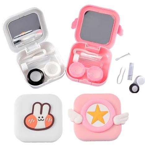 JYJLLM Travel Contact Lens Case with Mirror - Portable 2 Pack Lens Kit with Tweezers & Suction Stick, Mini Holder Box (Pink & White)