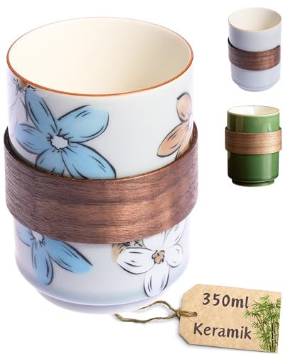 KICURA - Tasse en céramique sans anse avec support en bambou - Tasse à thé - 350 ml - Empilable - Pour café, thé et autres boissons chaudes - Design - Cadeau pour la famille, les amis, grand-mère et
