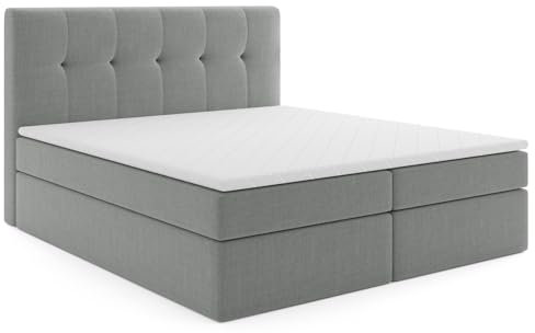 MRGROUP Boxspringbett mit Bettkasten PATRYCJA 180 x 200 cm geflechtes Stoff Polsterbett mit Bonell-Matratze und Topper Doppelbett mit Stauraum Bett für Schlafzimmer Gepolstertes Kopfteil H3 hellgrau