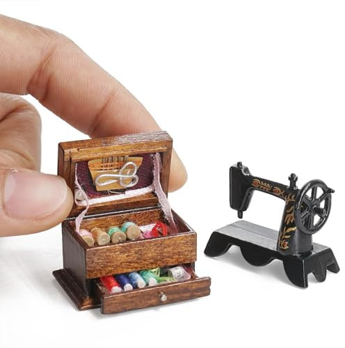 Odoria Puppenhaus Nähmaschine Nähkästchen Miniatur: 1/12 Maßstab Nähkasten Holz für Nähzimmer Vintage - Mini Nähmaschine Metall Retro