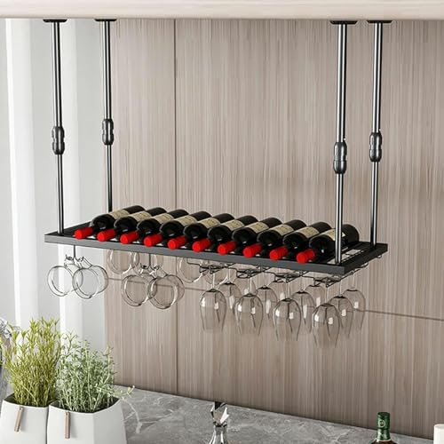 GLJTUO An Der Decke Montierter Hängender Weinflaschenhalter, An Der Wand Montiertes Weinregal Aus Eisen, Weinaufbewahrungshalter Mit Stielglasregal Für Die Küchenbar Unter Dem,80 * 30Cm