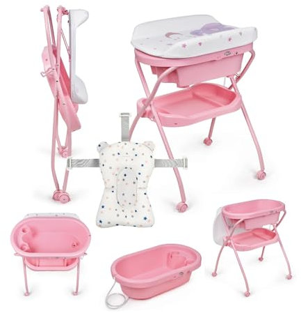 MS BabyWorld Bubble + Réducteur – Baignoire ergonomique pour bébé avec pieds et matelas à langer imperméable et rembourré | Fermeture compacte, organiseur, 4 roulettes avec freins (Rose/Blanc)