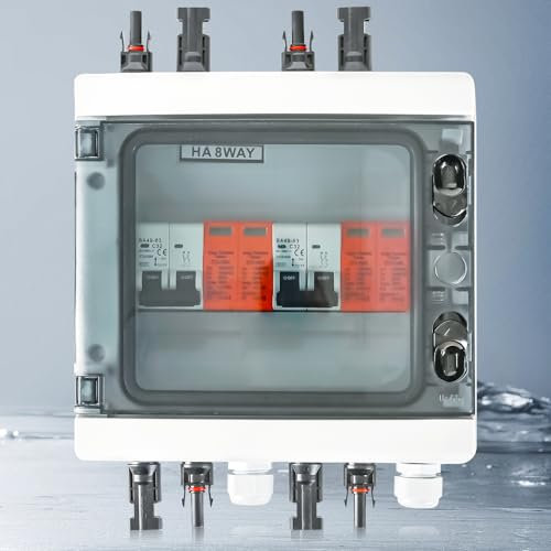 Überspannungsschutz PV DC 1000V, DC Trennschalter PV Anlage 32A und Solar PV Blitzschutz 40KA, IP65 Wasserdicht Solar Anschlusskasten 2-String 8-Module mit Solarstecker (2 in 2 Out)
