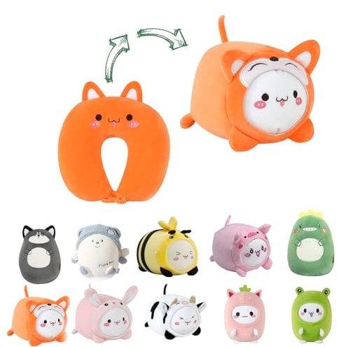 JOYRAVO Kinder Reisekissen 2-in-1 verformbares Nackenkissen, weiches U-förmiges Kissen mit niedlichen Plüschtieren, gemütlicher Schlaf- und Spielbegleiter für Flugzeuge und Reisen (Fuchs)