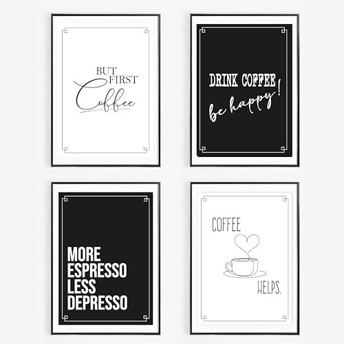 Lineo 4er Set Kaffee-Poster Lustige Sprüche; Deko für Küche, Büro, Pausenraum; Hochwertiger Kunsdruck witzige Zitate Wand-Bilder 4 Stück in DIN-A4 (Kaffee, 4er Set - 21x30 cm, Ungerahmt)