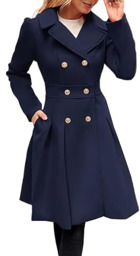 Femme Manteaux en Laine Mélangée à Double Boutonnage Manteau Longue Femme Hiver Chic et Elegant Chaud Manteau Mince Blazer Long Manteau Couleur Unie Coupe-vent Blouson,Marine,M