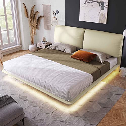 Polsterbett 160X200, Bett mit Led Bettgestell Grau Pu-Leder Doppelbett mit Abnehmbare Kopfstütze und Lattenrost Inkl. Led-Beleuchtung