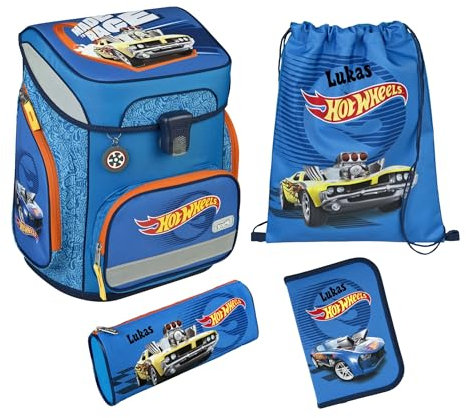 Undercover Schulranzen Set Hot Wheels 5-tlg Jungen 1. Klasse - Mit personalisiertem Inhalt - Schultasche mit Turnbeutel Federmappe für Grundschule