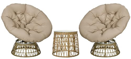 Set di 3 mobili da giardino Outsunny con 2 poltrone girevoli papasan e 1 tavolino rotondo 2 grandi cuscini in resina poliestere intrecciata marrone