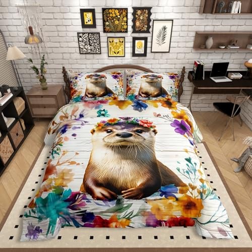 Homewish Otter Bettwäsche 135x200 Kinder, Cartoon Zootier Bettbezug Niedlich für Mädchen Jungen, Botanische Blume Pflanze Bett Set, mit 1 Kissenbezug Holzbrett Dekor, Weiche Mikrofaser