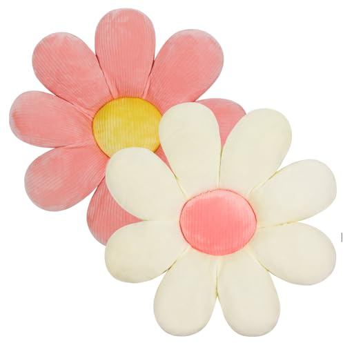 QKURT 2 Stück Blumenkissen, Gänseblümchenförmiges Kissen Bodenstuhl Sitzkissen, Flauschiges weiches Blütenkissen, Tatami Sitzkissen für Auto Zuhause Sofa Stuhl 40cm (Rosa, Weiß)