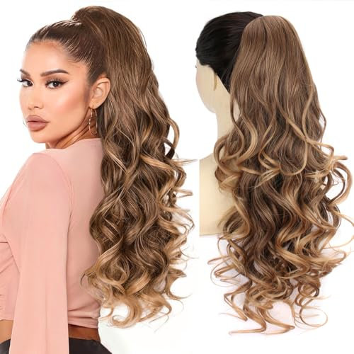PORSMEER Pferdeschwanz Haarteil mit Klammer,Klauen Claw Clip in Haarverlängerung, 66cm Lang Voluminös Gewellt ponytail extension haarteil zopf Braun mit Blond strähnchen farbe für Damen