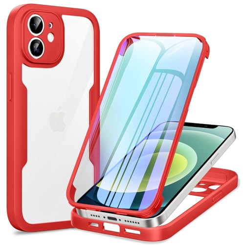 Phoona 360 degrés Coque pour iPhone 12 avec Protection d'écran, Silicone Antichoc Anti-Rayures Intégrale Étui Housse pour iPhone 12, Rouge