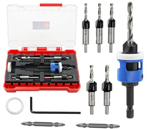 BRSCHNITT Senkbohrer Set,mit verstellbarem Tiefenanschlag, Hartmetallbestückter HSS Senker Bohrer Set 3.2MM*9.5MM/3.6MM*9.5MM/4MM*9.5MM/4.4MM*12.7MM/4.8MM*12.7MM Schnellspann-Sechskantschaft