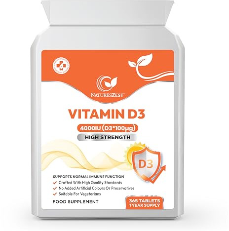 NATURES ZEST - Vitamin D3 4000 IU (100µg), High Strength D3 Vitamin for Calcium Absorption, Immune Support, Strengthen Bones, Teeth & Muscles | Vegetarian, Easy to Swallow, 365 tabs (1 Year Supply)