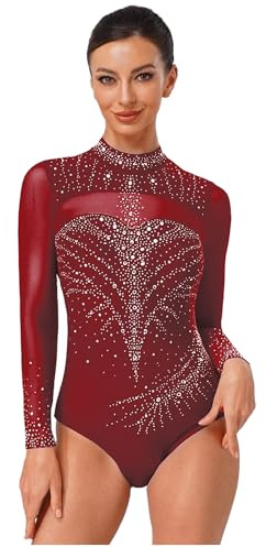 Fldy Damen Turnanzug Langarm Glitzer Strass Gymnastik Tanz Trikot Mit Durchsichtige Mesh Eislaufen Ballett Leotard A_Burgundy M