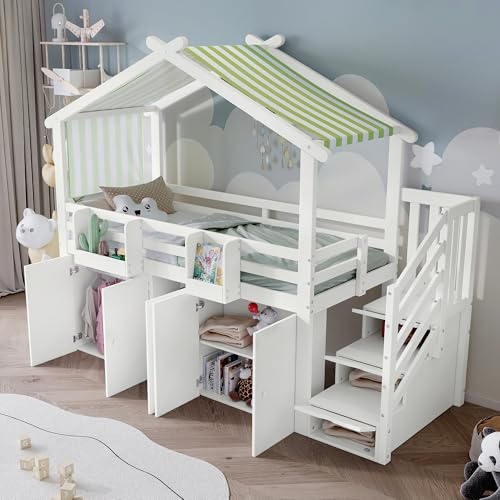 VIVCA Etagenbett, Kinderbett, 90x200cm, mit Fallschutzgitter, 1 Kleiderschrank und 2 Schließfächer, mit 3 Schließfächer in der Treppe, gestreifter Stoff, Kiefer+MDF+Sperrholz, Weiß+Grün