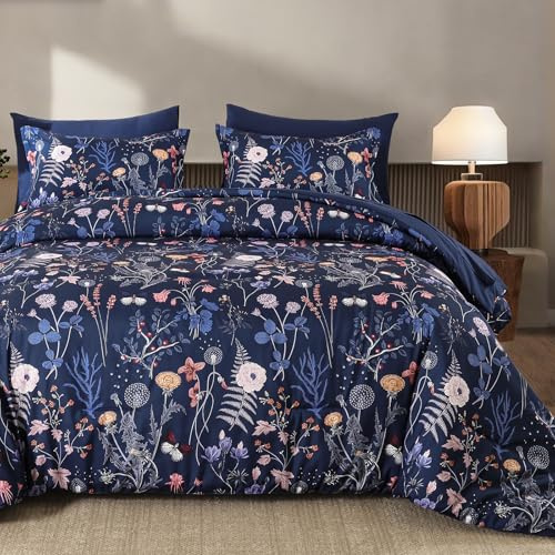 WONGS BEDDING Navy Blue Double Size Duvet Cover Set 3 Piece, Floral Bedding Set, Quilt Cover with Botanical Flowers Patterns, Soft Brushed Microfiber Bedding Cover with 2 Pillowcases, 200x200 cm