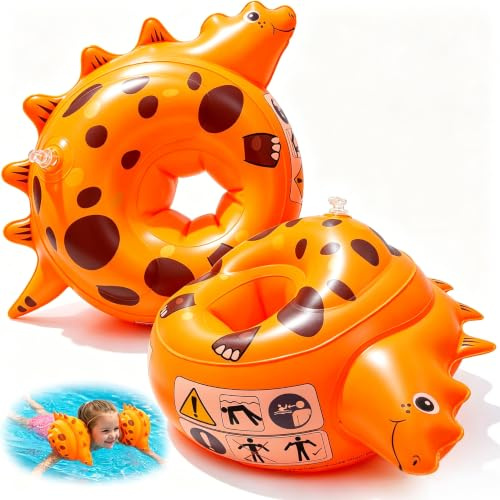 Schwimmflügel Kinder 1–6 Jahre, orange Dinosaurier Schwimmhilfe 11–30 kg mit 3 Luftkammern, aufblasbare Armringe für Schwimmbad, Pool und Strandurlaub