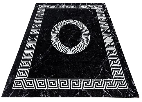 KADIMA DESIGN Moderner Teppich Mäander-Ornament Klassisch Pflegeleicht Zeitlos Waschbar Strapazierfähig Robust Schwarz 140x200 cm Esszimmer Wohnzimmer Fußbodenheizung geeignet Oeko-TEX | INN