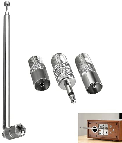 4 Pack 75 Ohm Radio Antenna, DAB FM Aerial for Hifi, 7 Section with F Type Male Connector, Radio Antenna with 3 Adapters 3.5mm Jack TV Coax Plug for Stereo Receiver, Tuner, AV System Signal Booster
