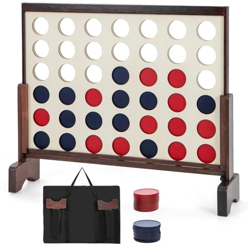 GYMAX Giant 4 in a Row Game, Wooden Jumbo Connect 4 Games with Carrying Bag & 42Pcs Chips, Outdoor Indoor 4 to Score Game for Kids Adults (Brown)