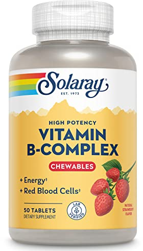 SOLARAY Vitamin B-Complex Chewables, Strawberry, Healthy Energy, Red Blood Cell, Stress & Metabolism Support, 50 Tablets