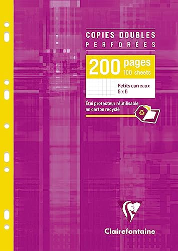 Clairefontaine 4712C Un Étui de Copies Doubles Perforées - A4 21x29,7 cm - 200 Pages Petits Carreaux - Papier Blanc 90 g - Étui Réutilisable
