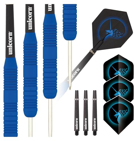Unicorn Steel Tip Darts Set | Core Plus | Smooth Comfortable Rubberised Brass Barrels | Blue | 23 g