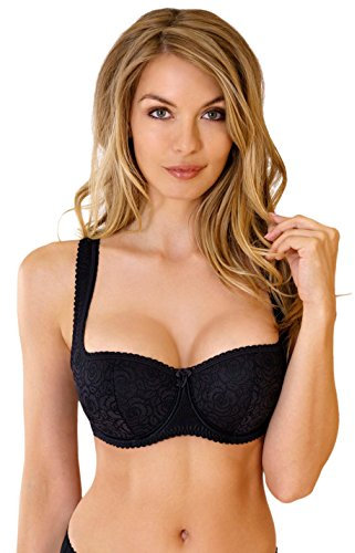 Rosme Women's Balconette Bra with Push Up Effect – Plus Size Sexy Lace Demi Half Cup Bra – Lightly Padded Underwired Low Cut Mesh Design Annija, Black, Size 34F