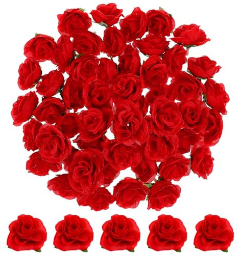 WINOMO 50 Stück Künstliche Rosen, 4cm Künstliche Rosenköpfe Rot, Kunstrosen Blumen Rote Rosen Köpfe Deko Blumenköpfe zum Basteln Party Hochzeit Blumensträuße Tischdeko
